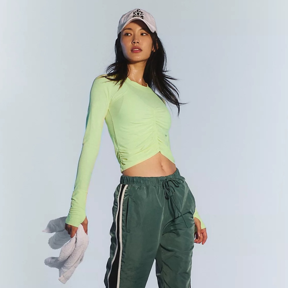 Free People Neon Lime Long Sleeve Ruched Crop Top